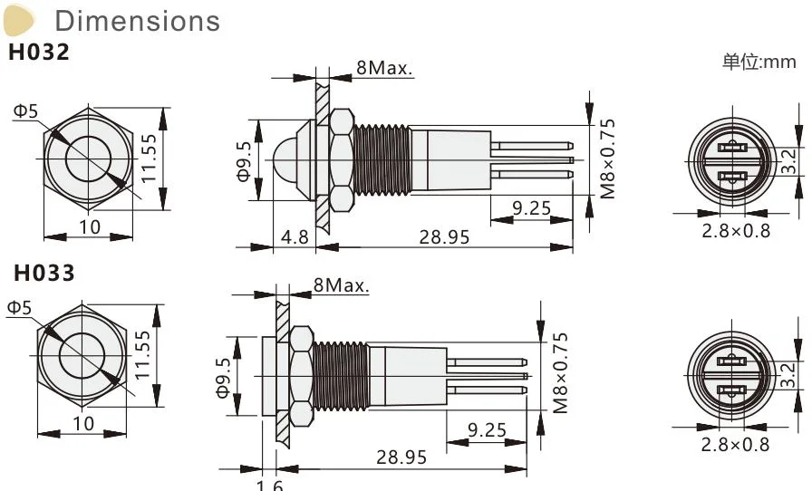 Siron Metal 8mm 24V 220V Two-Way LED Lamp Beads Stainless Steel Flat Head/ Domed Indicator Light