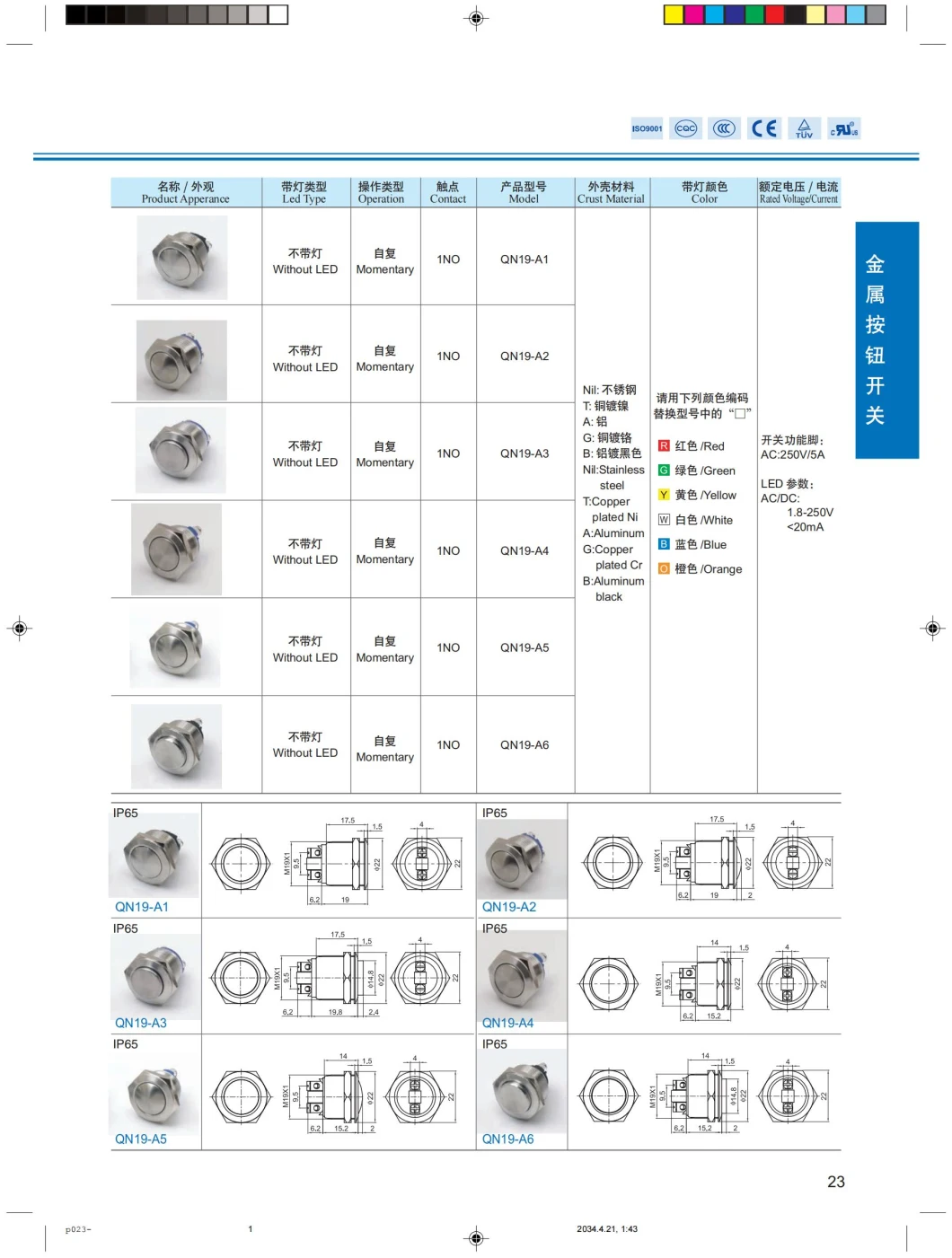 Baokezhen Qn19 Reset Metal Brass Screw Pin Flat Head Push Button Switch