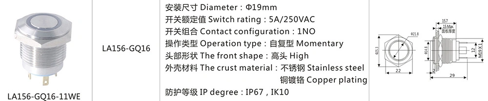 19mm Pin Type Momentary Metal Push Button Switch